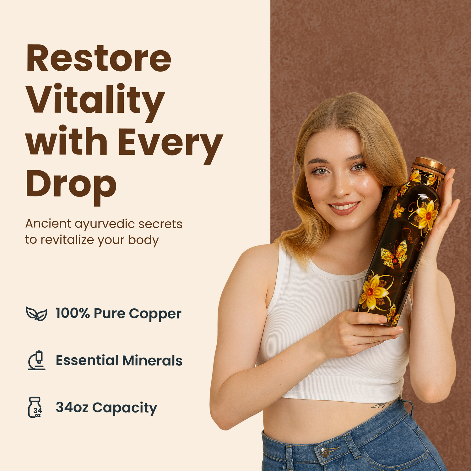 Pure Copper Handcrafted Water Bottle – 32 OZ Capacity