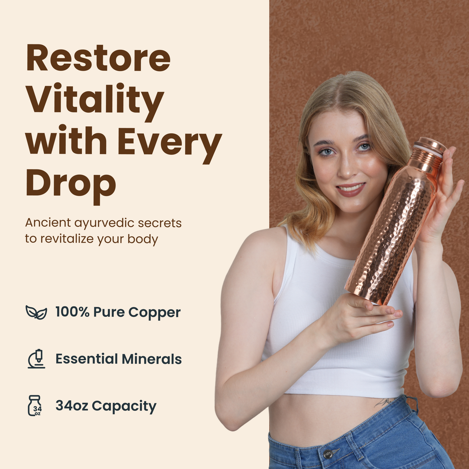 Pure Copper Handcrafted Water Bottle