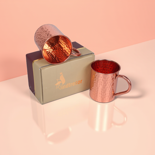 Pure Copper Moscow Mule Mugs - Handcrafted Hammered Pattern Handle Grip