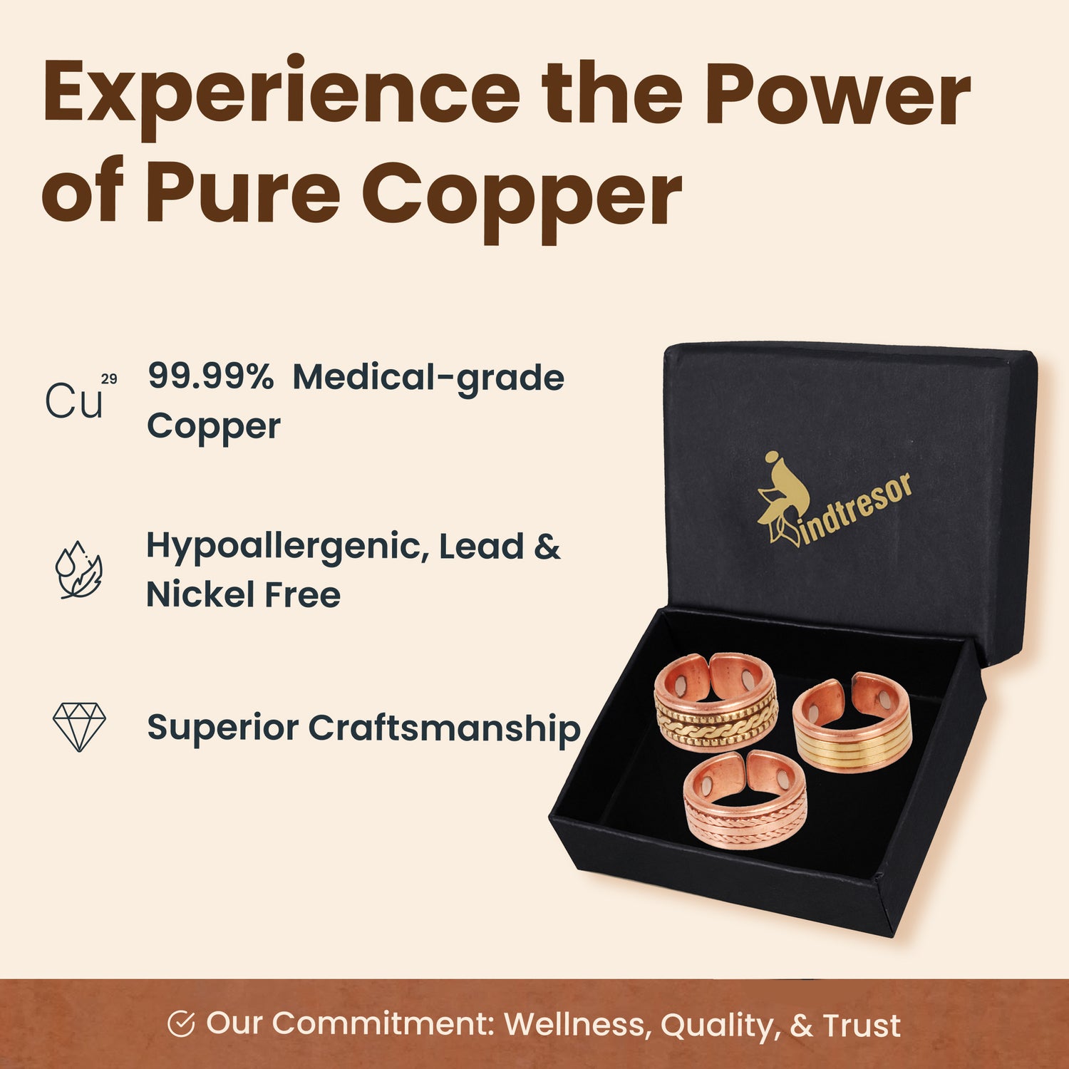 Pure Copper Handcrafted Magnetic Ring - Pack of 3